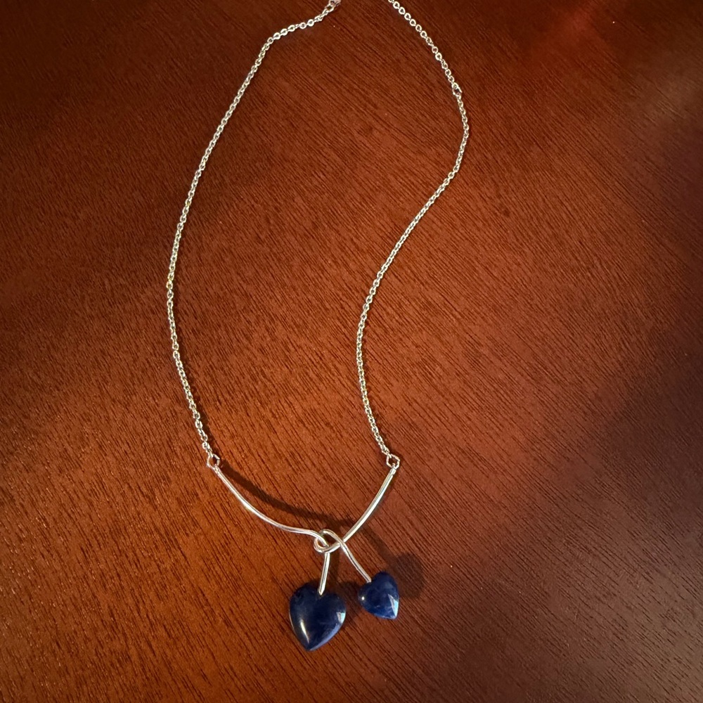 Silver Necklace with Blue Heart Pendants